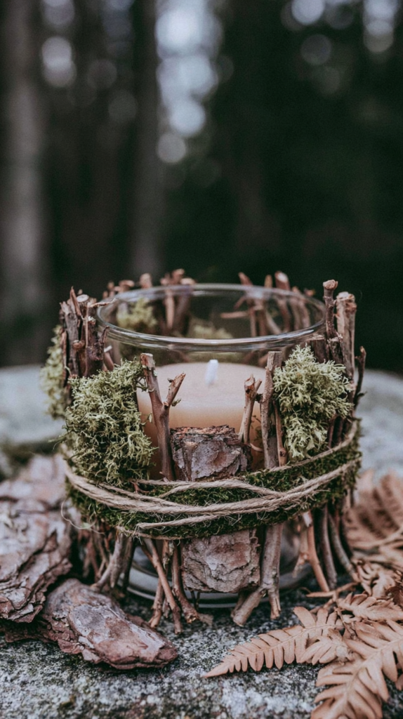 Rustic DIY candle holder made of twigs, moss and bark on stone, woodland centerpiece for cozy forest decor.