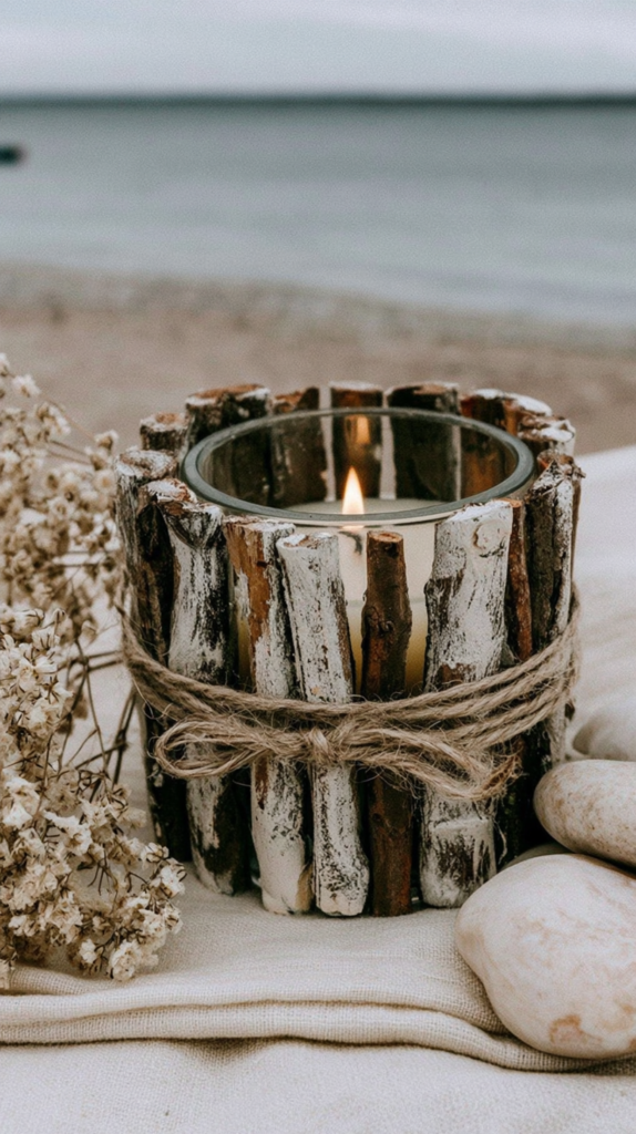 Rustic driftwood candle with twine on sandy beach, coastal decor with pebbles and dried flowers, ocean in background