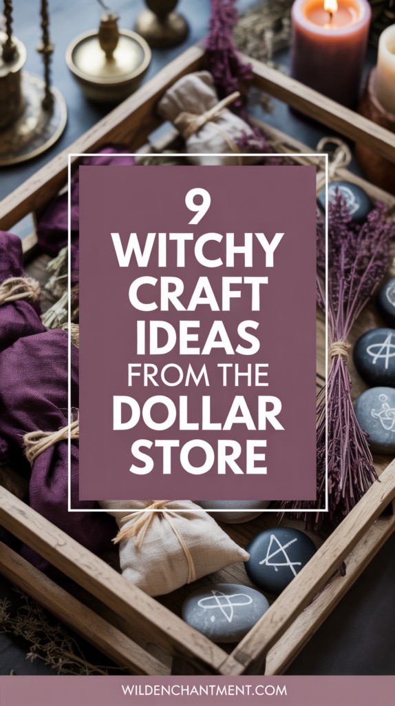 9 witchy dollar store craft ideas—DIY candles, herb bundles, rune stones and sachets in a rustic tray.