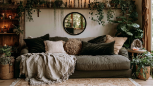 Cozy boho living room with olive sofa, layered pillows, throw blanket, round mirror, candles, and abundant indoor plants