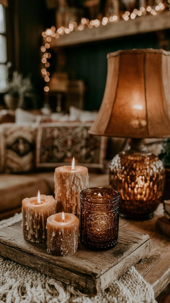 Cozy rustic living room decor with lit pillar candles, amber glass, vintage lamp and boho pillows, warm ambient lighting