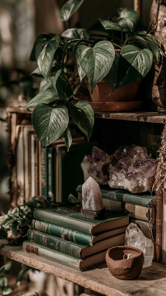 Vintage bookshelf with pothos plant, stacked green books, amethyst crystals and clay candle, cozy boho home decor.