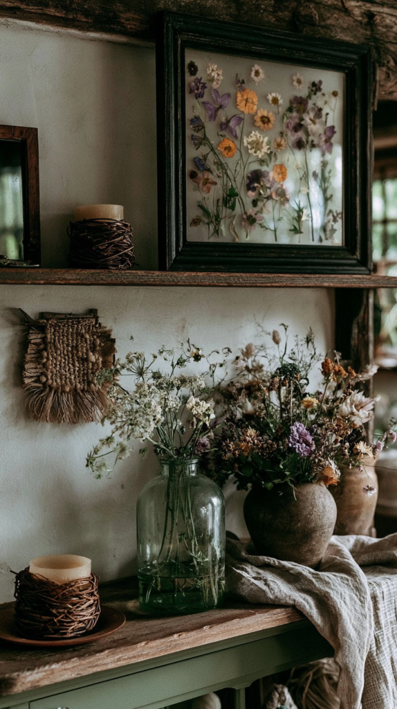 Vintage farmhouse shelf with dried flower bouquets, pressed flower art, rustic jars, candle and linen.