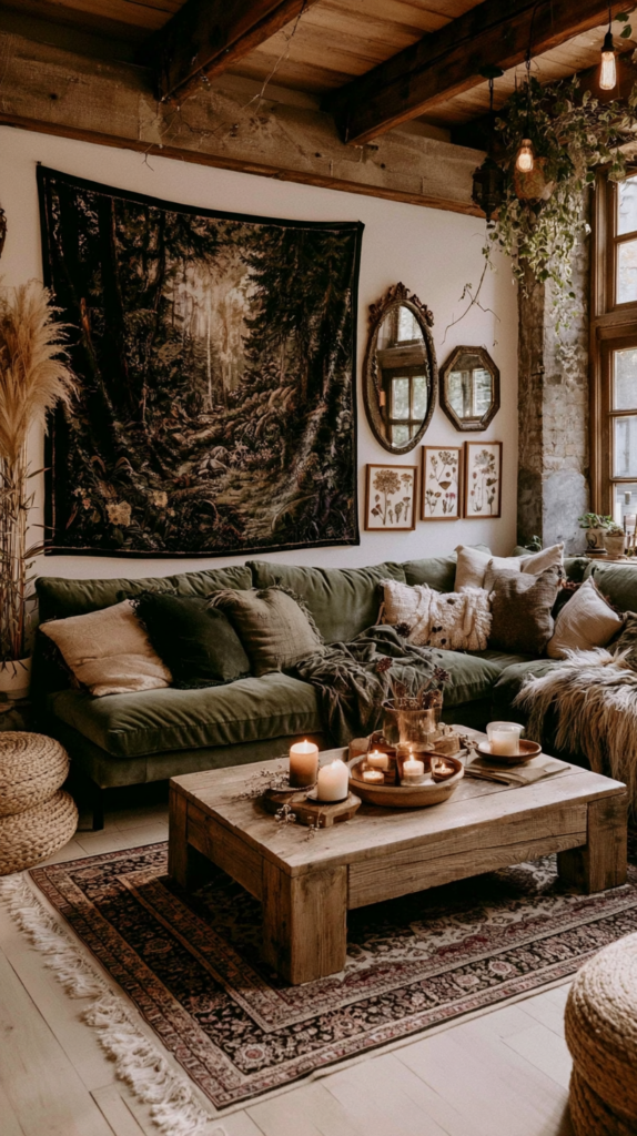 Cozy rustic boho living room with green velvet sofa, wood coffee table, candles, forest tapestry, plants, vintage mirrors.