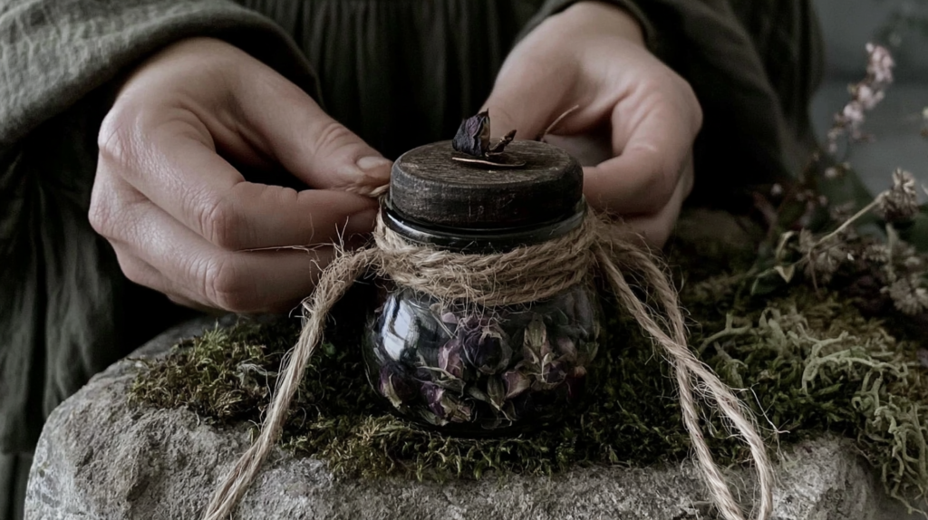 Close-up hands tying jute around a small glass jar of dried rosebuds on mossy stone, rustic herbal apothecary vibe.
