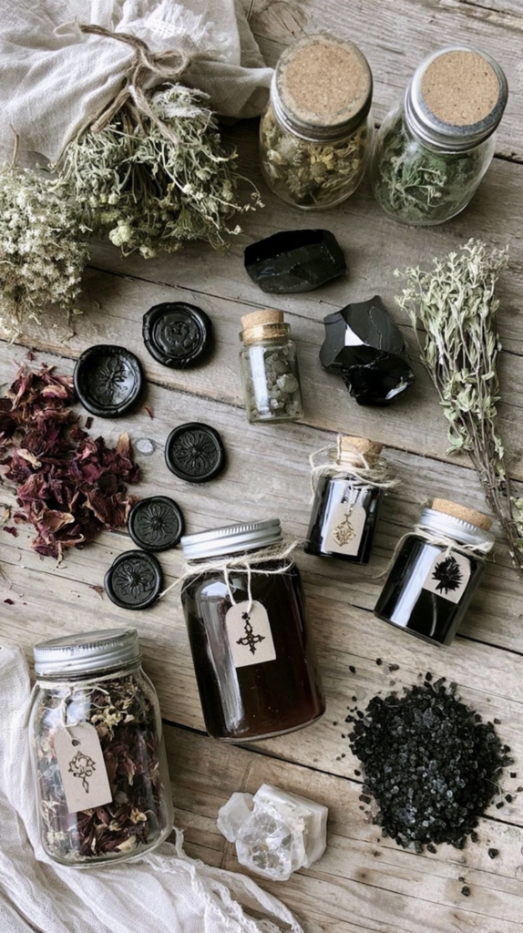 Rustic witchcraft apothecary flat lay with dried herbs, vintage jars, black crystals, wax seals and black salt on wood