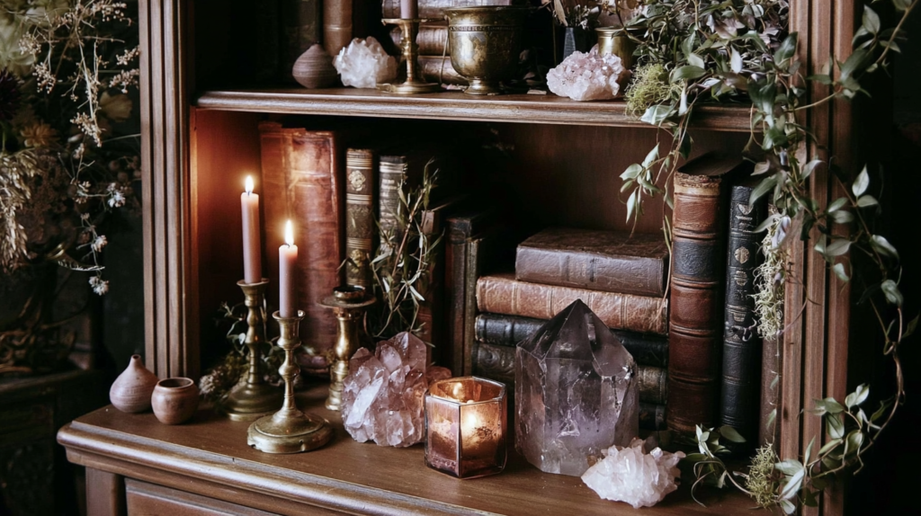 Vintage bookshelf with antique books, brass candlesticks, crystals, and vines creating a cozy, moody, witchy decor vignette.