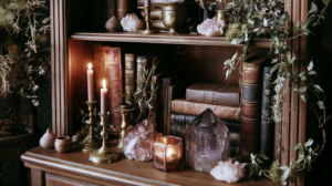 Vintage bookshelf with antique books, brass candlesticks, crystals, and vines creating a cozy, moody, witchy decor vignette.