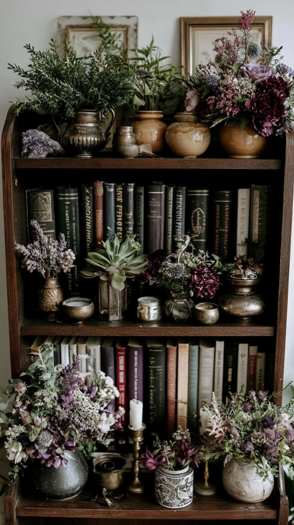 Vintage bookshelf decor with antique vases, succulents and wildflower bouquets among old books, rustic cottagecore style