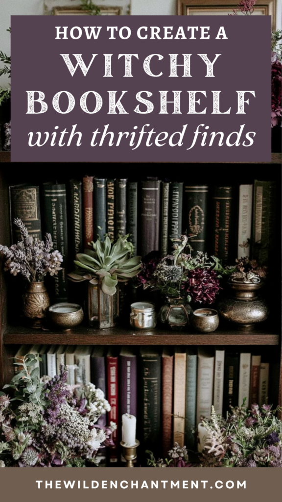 How to create a witchy bookshelf with thrifted finds: vintage books, brass, candles, dried flowers.