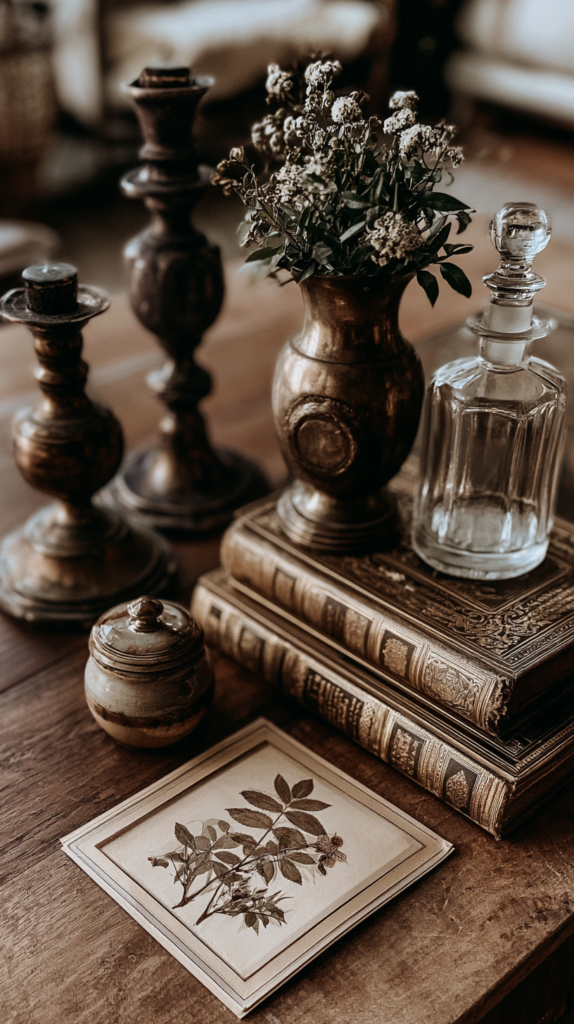 Vintage still life: brass candlesticks, dried flowers, glass decanter, antique books and botanical print on rustic table.