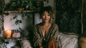 Boho portrait of a smiling woman in a cozy plant-filled room with candlelight, rustic shelves, and natural textures.