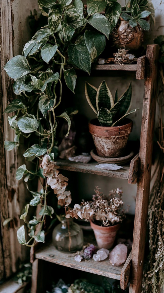 Rustic wooden shelf with pothos vine, snake plant in terracotta, dried flowers and crystals—boho indoor plant decor.