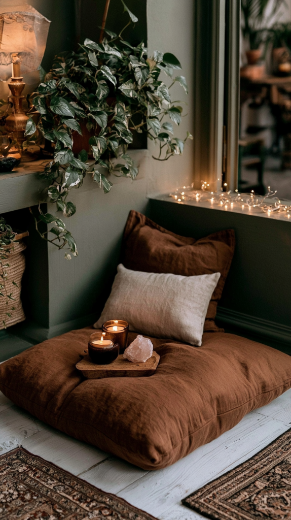 Cozy boho reading nook with brown floor cushion, candles, crystal, and houseplants by window with string lights.