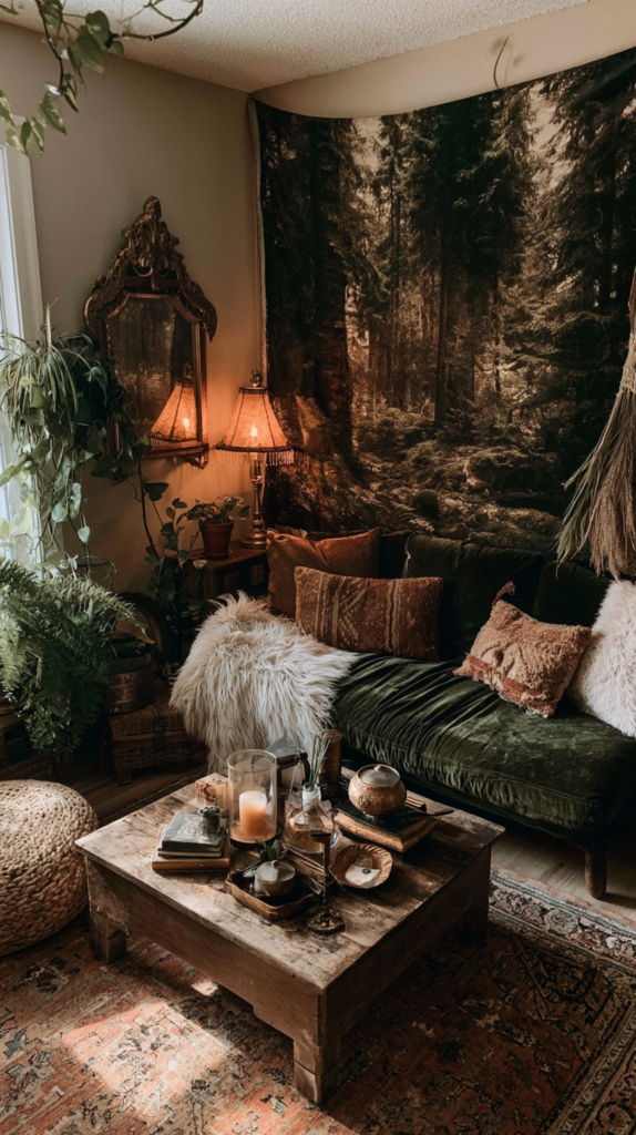 Cozy boho living room with forest tapestry, green velvet sofa, plants, vintage lamps, and rustic wood coffee table.