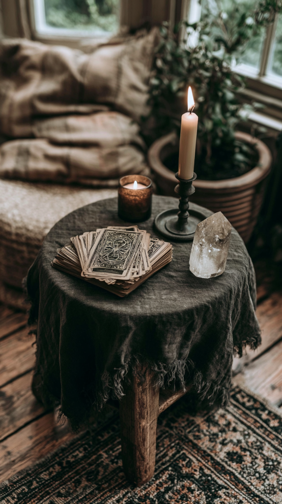Tarot reading setup with deck, lit candle and quartz crystal on rustic table in a cozy boho room.