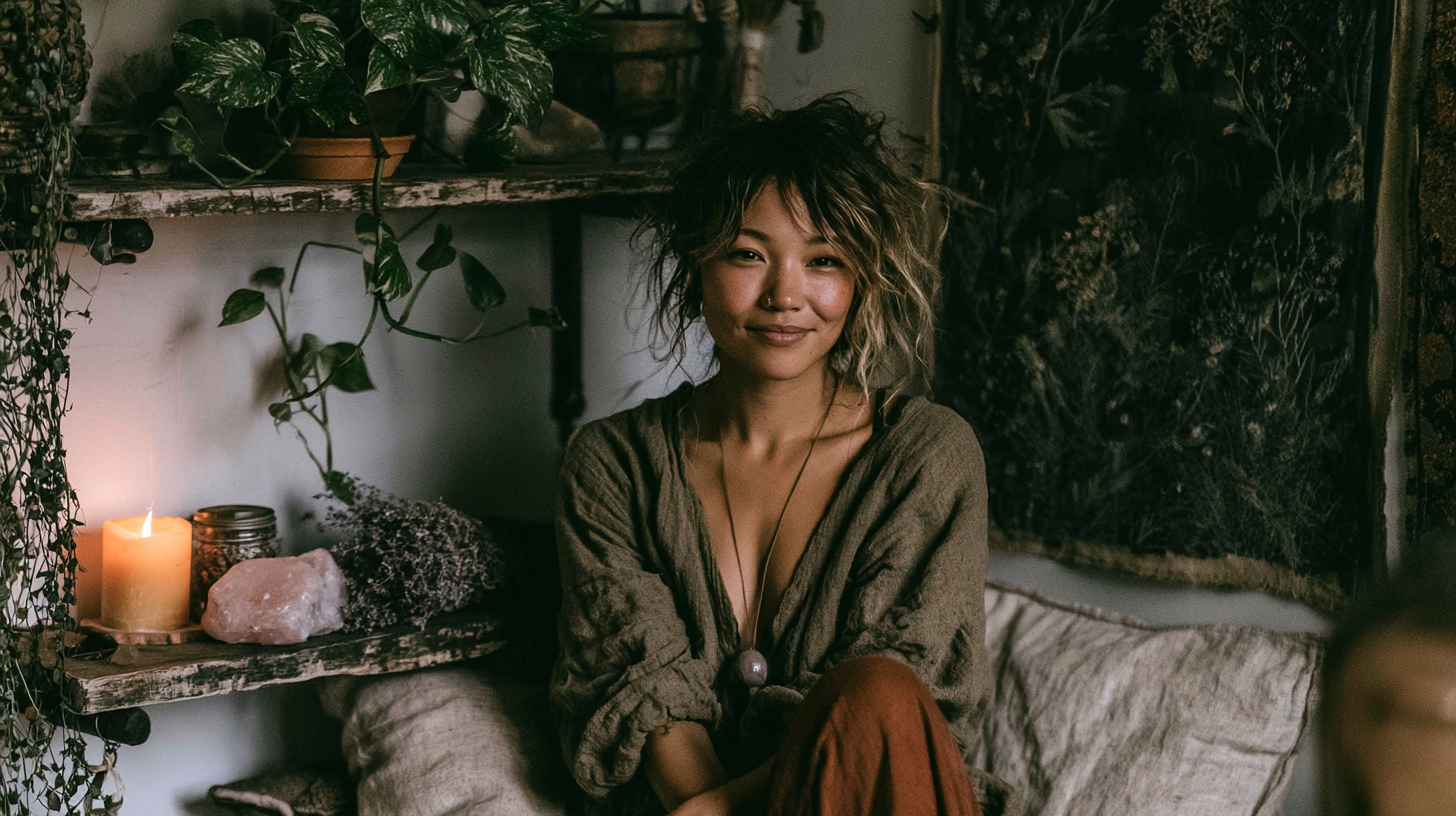 Boho portrait of a smiling woman in a cozy plant-filled room with candlelight, rustic shelves, and natural textures.