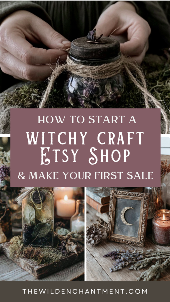 How to start a witchy craft Etsy shop tutorial with herbal jars, candles, moon decor and rustic handmade aesthetic.
