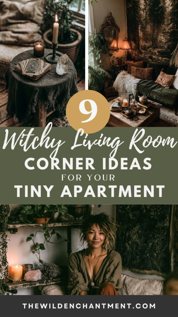 9 witchy living room corner ideas for tiny apartments—boho decor with candles, crystals, tarot cards, plants, cozy sofa
