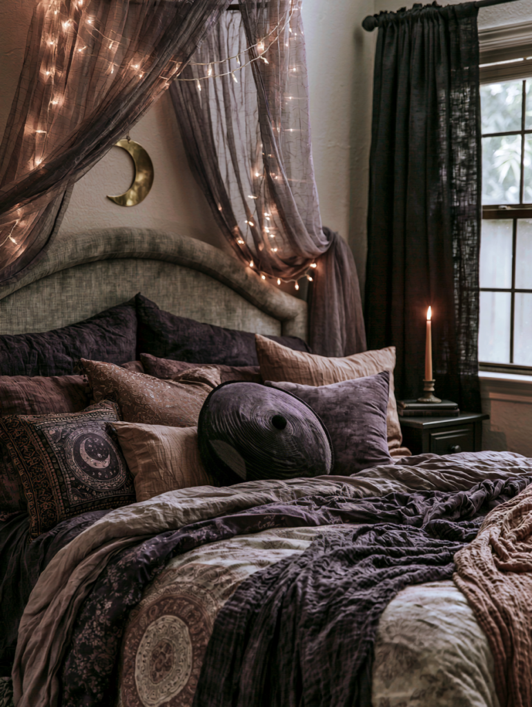 bedroom Cozy boho bedroom with purple bedding, canopy fairy lights, crescent moon decor, and candle by window.