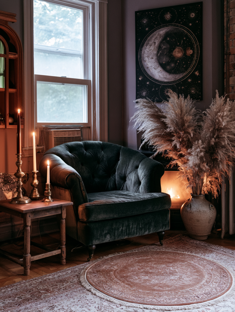 corner2 Cozy living room with green velvet armchair, lit candles, fireplace, pampas grass, moon wall art, round vintage rug