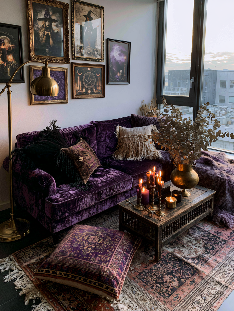 Moody boho gothic living room with purple velvet sofa, witchy wall art, candles on rustic table, brass decor, Persian rugs