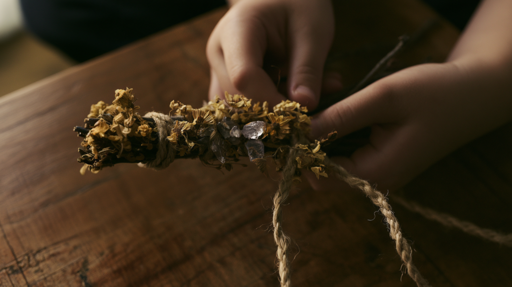 Hands crafting a DIY smudge stick of dried flowers and quartz crystals, tied with twine on a rustic wooden table.