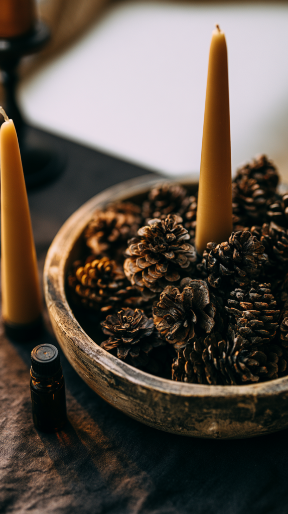 whimsical-nature-crafts-pinecones Rustic fall centerpiece with pine cones and beeswax taper candles in a wooden bowl, amber essential oil bottle on table
