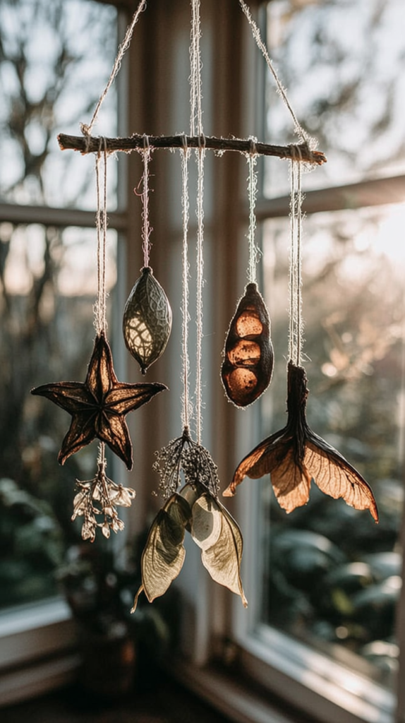 whimsical-nature-crafts-seed-pod-mobile Handmade botanical mobile with dried seed pods and leaves hanging in sunlit window, rustic boho natural home decor