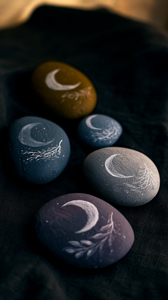 whimsical-nature-crafts-stones Hand-painted crescent moon rocks with botanical designs on dark fabric - celestial boho decor, painted stone art