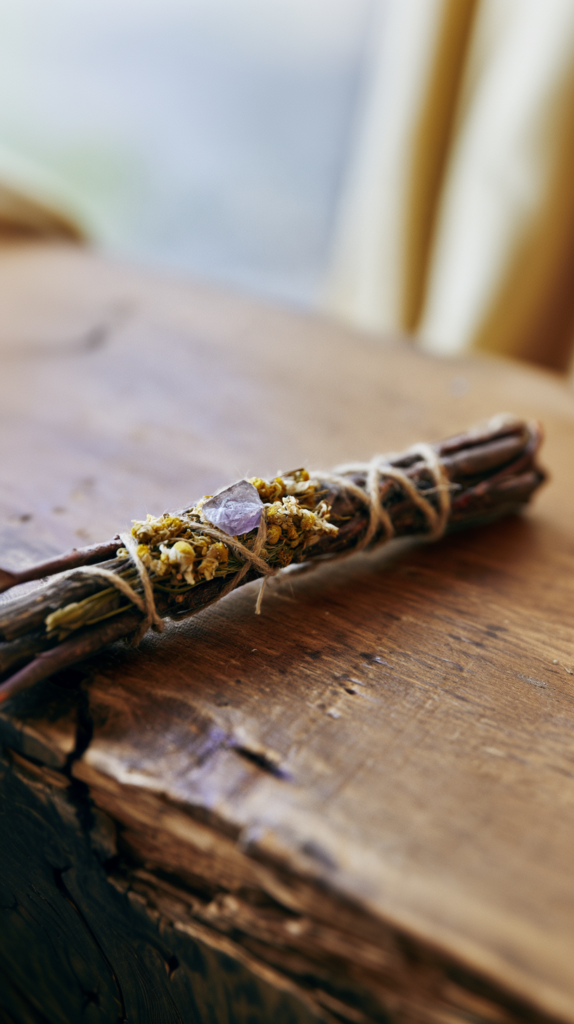 whimsical-nature-crafts-wand Herb smudge bundle with amethyst crystal on rustic wooden table, natural home decor and cleansing ritual