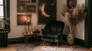 Moody boho living room with green velvet armchair, celestial gallery wall, brass candles, pampas grass and vintage rug.