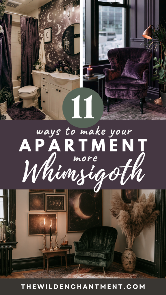 whimsigoth-apartment-ideas2 11 Whimsigoth apartment decor ideas: celestial bathroom, purple velvet chair, moody goth living room with candles