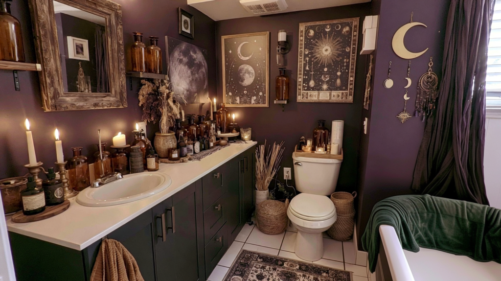 Moody witchy boho bathroom decor with candles, amber apothecary bottles and moon phase wall art on dark purple walls.