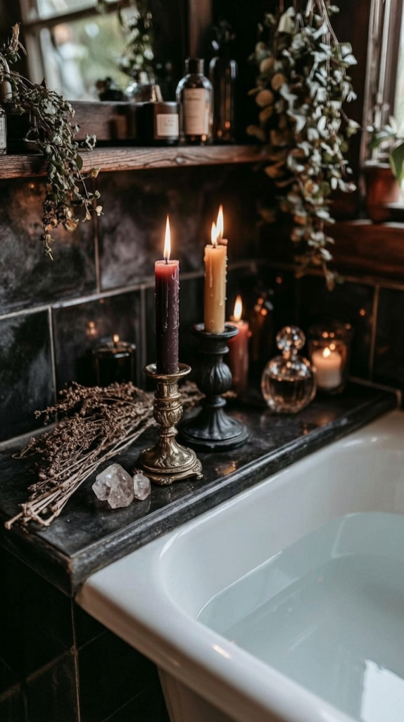 whimsigoth-bathroom-candles2 Cozy rustic bathroom spa with lit candles, eucalyptus, crystals and vintage decor beside a filled soaking tub.