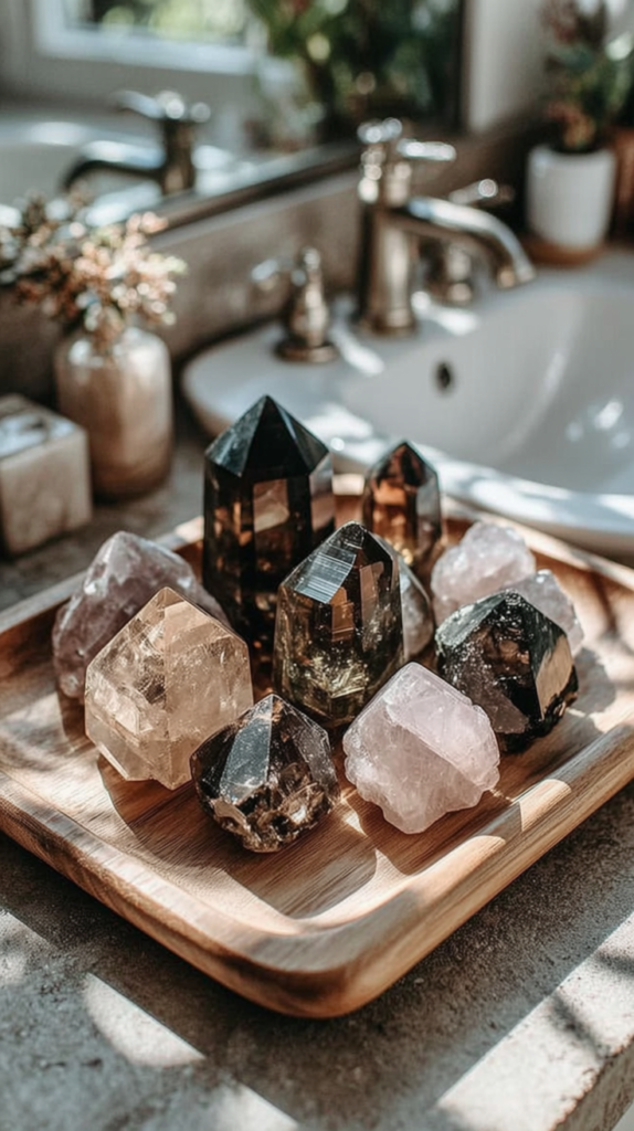 whimsigoth-bathroom-crystal-cluster Smoky quartz and rose quartz crystals on a wooden tray by a sunlit bathroom sink, healing crystals home decor