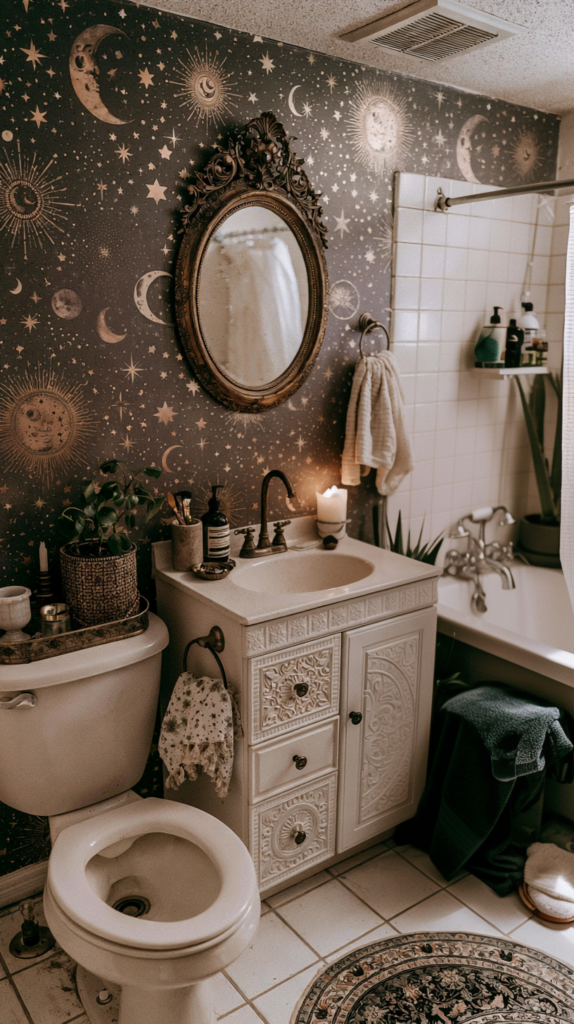 whimsigoth-bathroom-mirror Vintage boho bathroom with celestial moon and star wallpaper, ornate mirror, carved vanity, plants, candle, and tub.