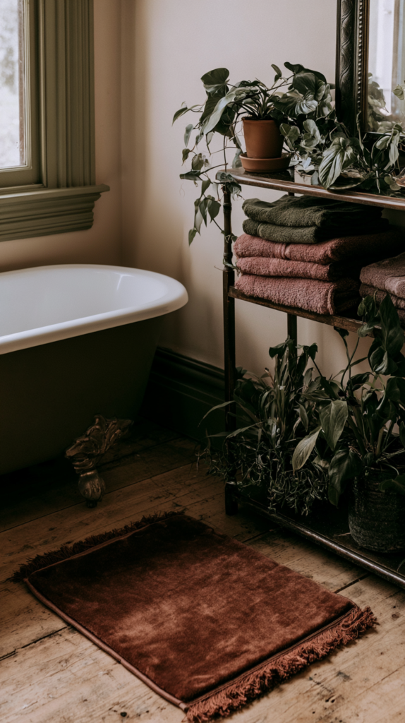 whimsigoth-bathroom-towels Cozy vintage bathroom with clawfoot tub, houseplants, folded towels on shelf, and rust bath mat on rustic wood floor.