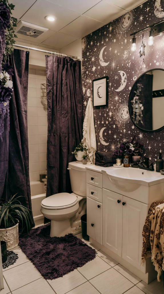 whimsigoth-bathroom-wallpaper Celestial-themed bathroom with purple shower curtain, moon-and-stars wallpaper, white vanity, and plush rug.