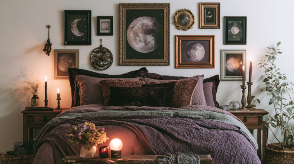 Moody boho bedroom with purple bedding, candles, and moon phase gallery wall above rustic wooden nightstands.