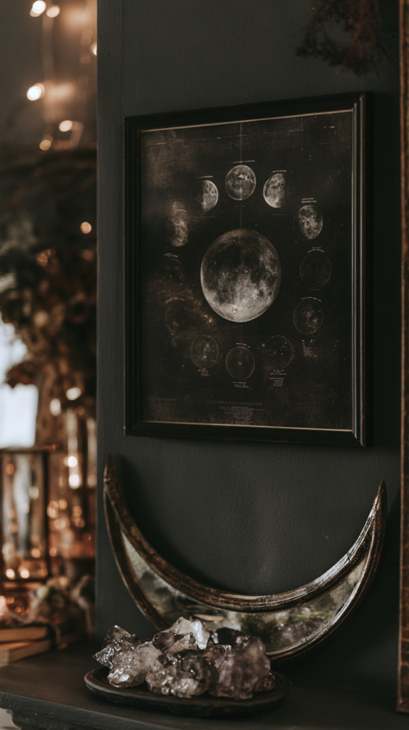 Moody boho shelf with moon phases wall art, crescent moon mirror and amethyst crystals, cozy mystic home decor