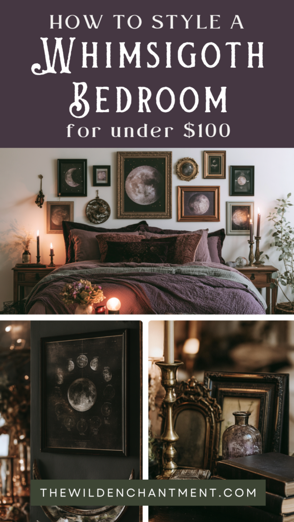 Whimsigoth bedroom decor on a budget—DIY moon wall art, vintage frames, candles and bedding styling for under $100.
