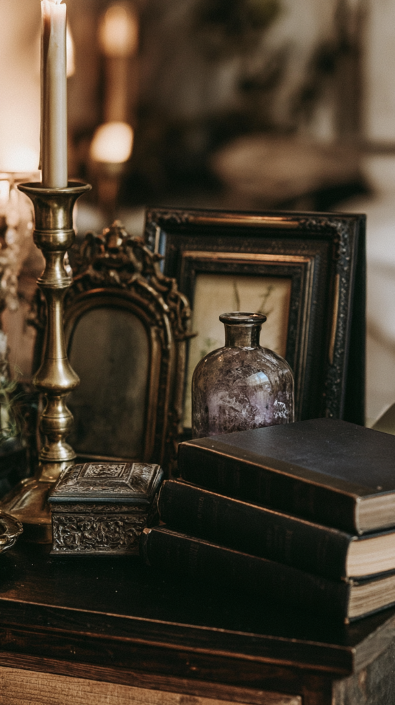 Vintage decor still life: brass candlestick, ornate frames, glass bottle and stacked antique books on wooden table