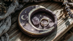 Handmade moon trinket dish with gold ring and amethyst crystal on rustic wood, celestial decor with stars, lavender.