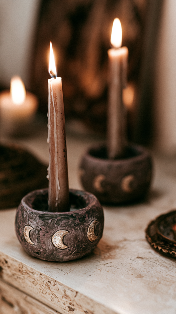 Lit taper candles in rustic moon phase holders on vintage altar table, boho witchy home decor, cozy ambient light