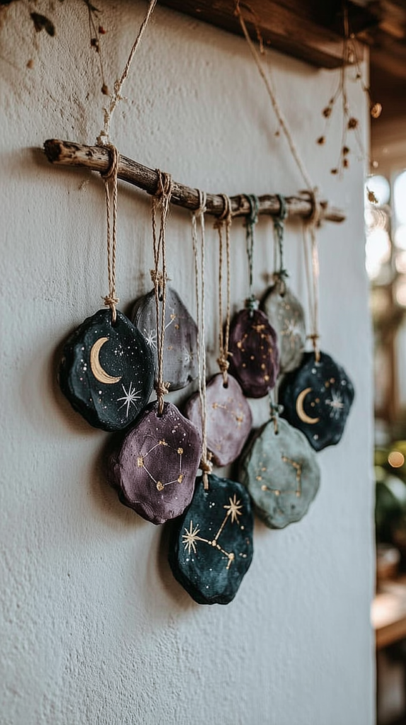 Boho celestial wall hanging with handmade clay discs painted with moons and constellations, rustic stick and twine decor.