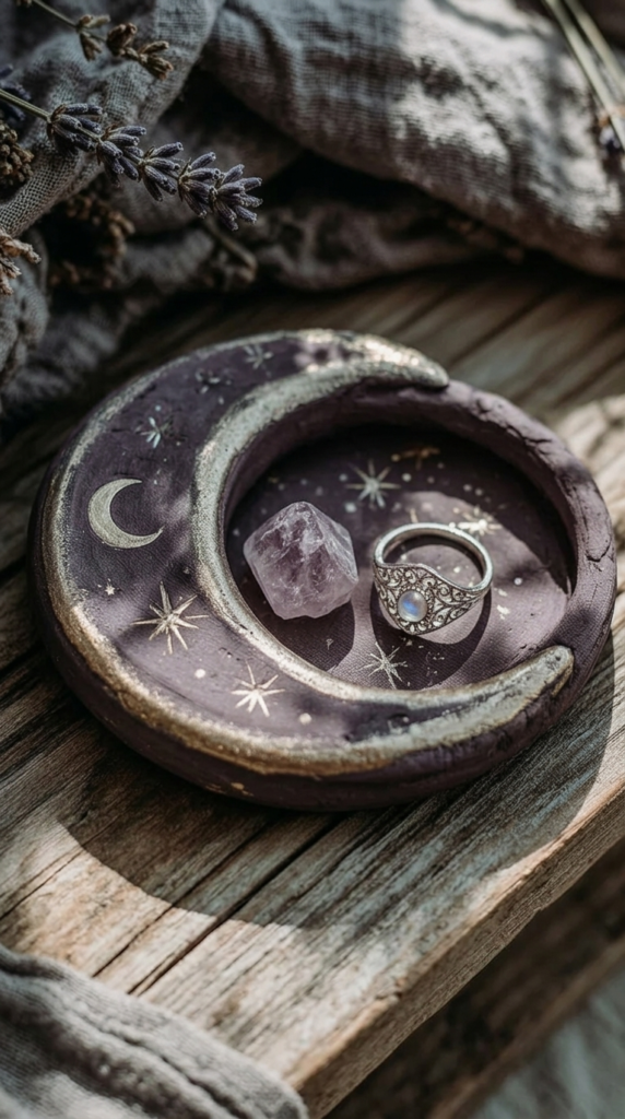 Crescent moon trinket dish with amethyst crystal and silver moonstone ring on rustic wood, lavender decor, boho jewelry