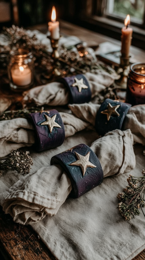 Rustic candlelit table setting with linen napkins and purple napkin rings featuring gold stars, cozy holiday decor