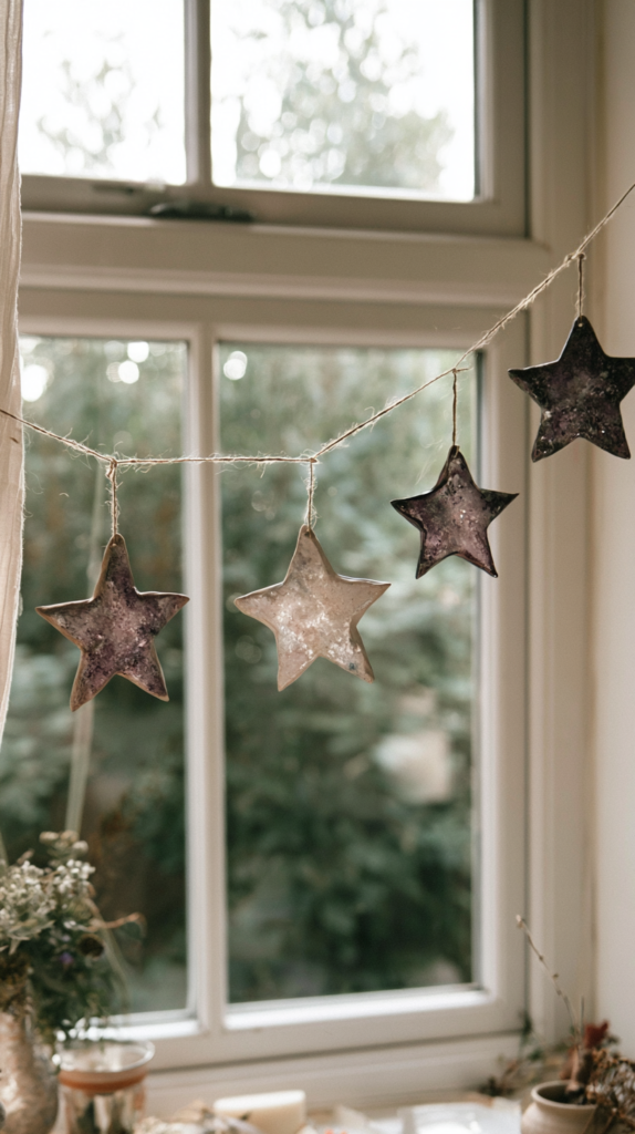 Rustic handmade star garland hanging on twine by a sunny window, cozy boho home decor with plants and candles on the sill