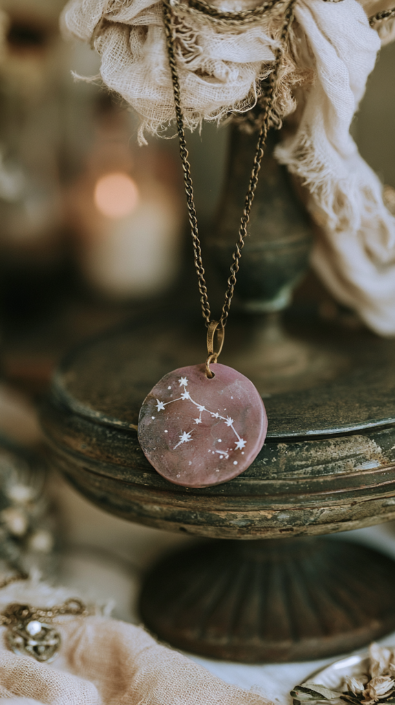 Boho pink resin zodiac constellation pendant necklace on brass chain, styled on vintage stand.